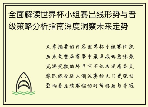 全面解读世界杯小组赛出线形势与晋级策略分析指南深度洞察未来走势